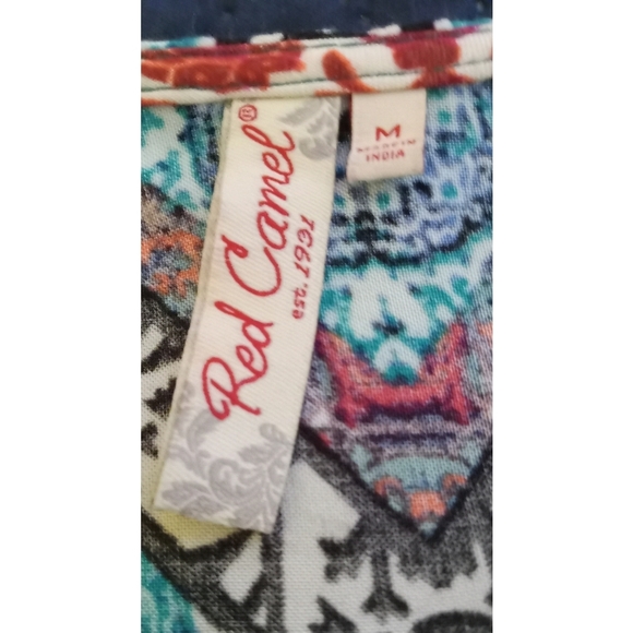 RED CAMEL MULTI-PRINT BOHO TOP/BLOUSE W/LONG BISHOP SLEEVES - SIZE M Ptp 19" - Picture 5 of 6